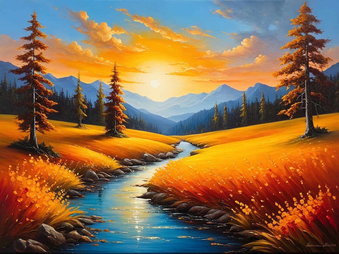 Vibrant Sunset Landscape with River and Mountains
