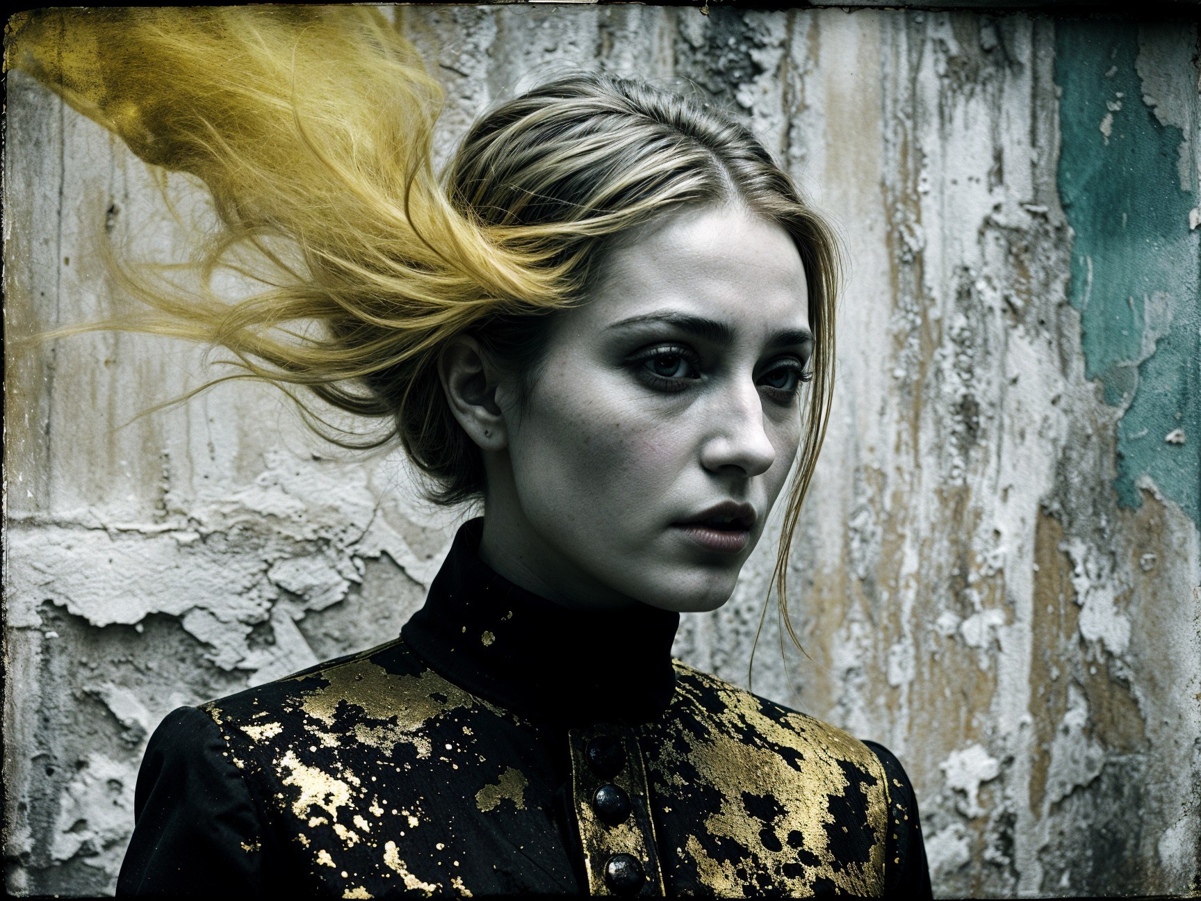 Portrait of a Young Woman with Yellow Hair and Dark Outfit