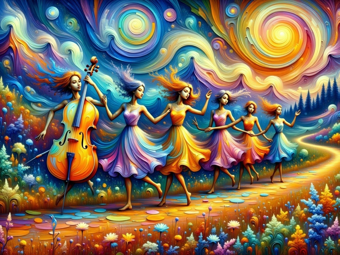 Vibrant Dancers and Music in a Colorful Landscape