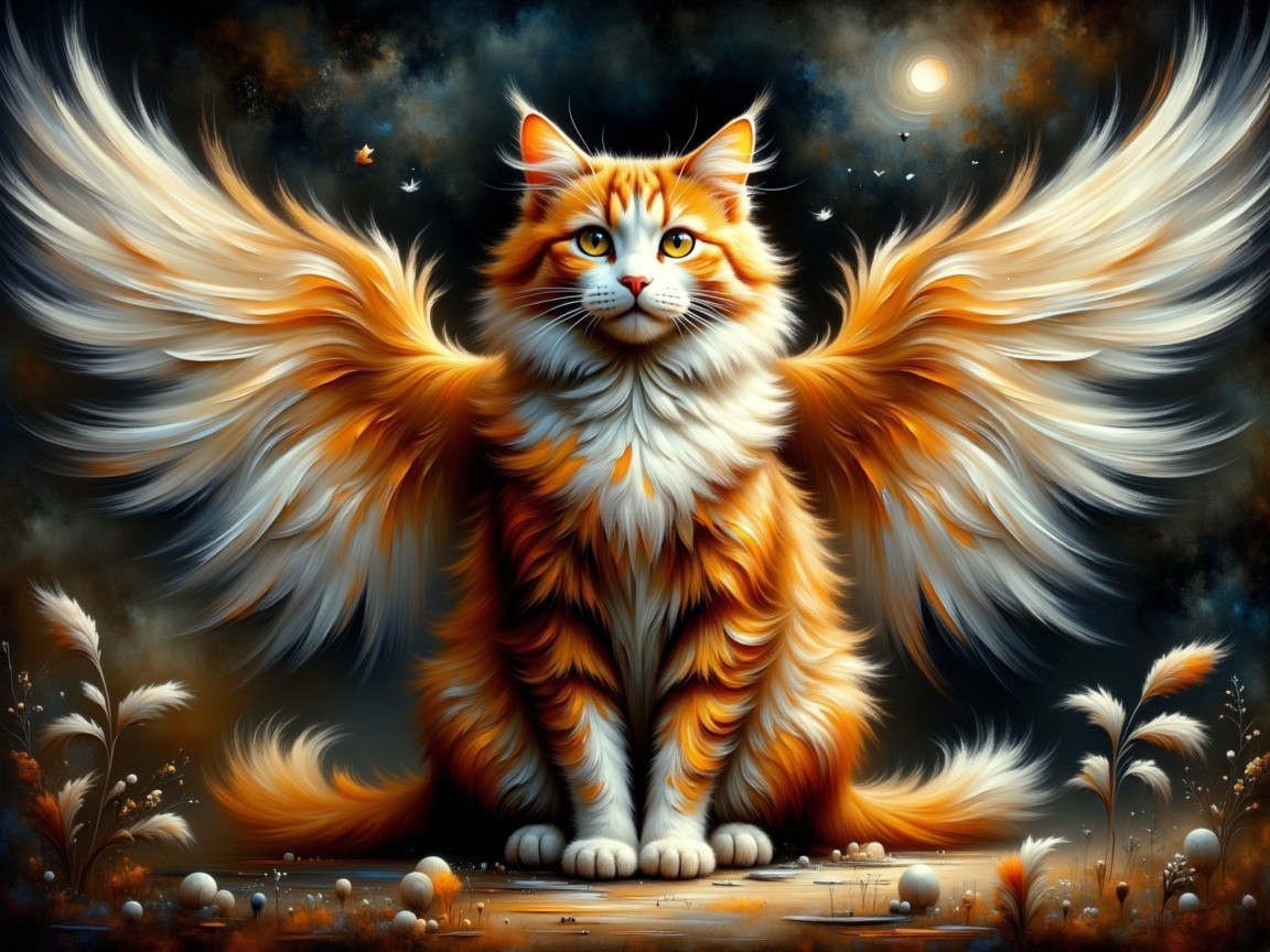 Orange Tabby Cat with Feathery Wings in Starry Scene