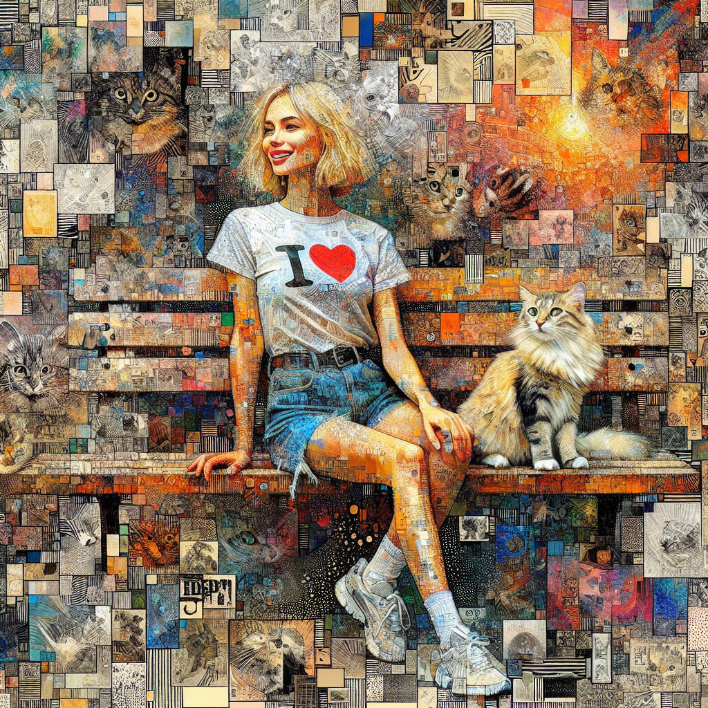 Young Woman with Cat in Whimsical Cat Collage Background
