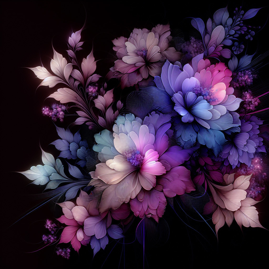 Vibrant Digital Floral Arrangement on Dark Background