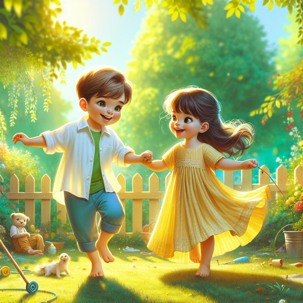Children Playing in a Sunlit Garden Scene