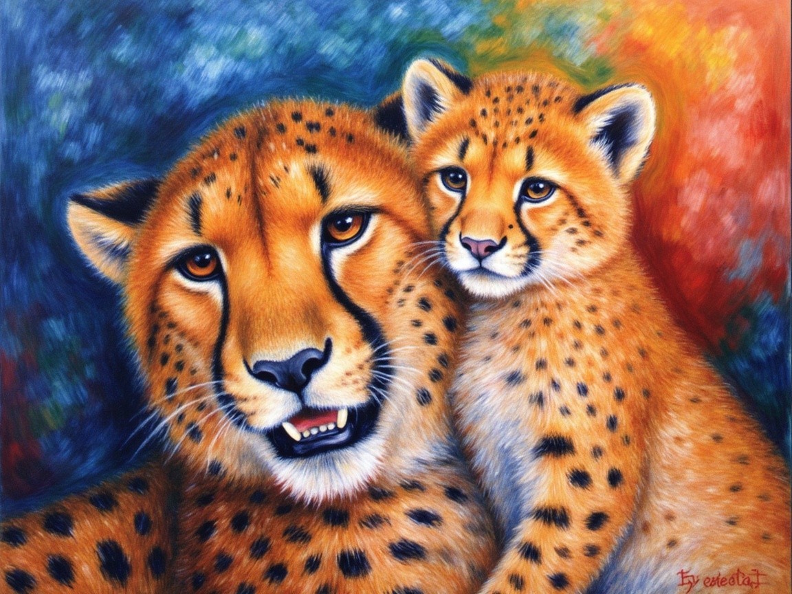 Vibrant Painting of Cheetah and Cub in Warm Colors