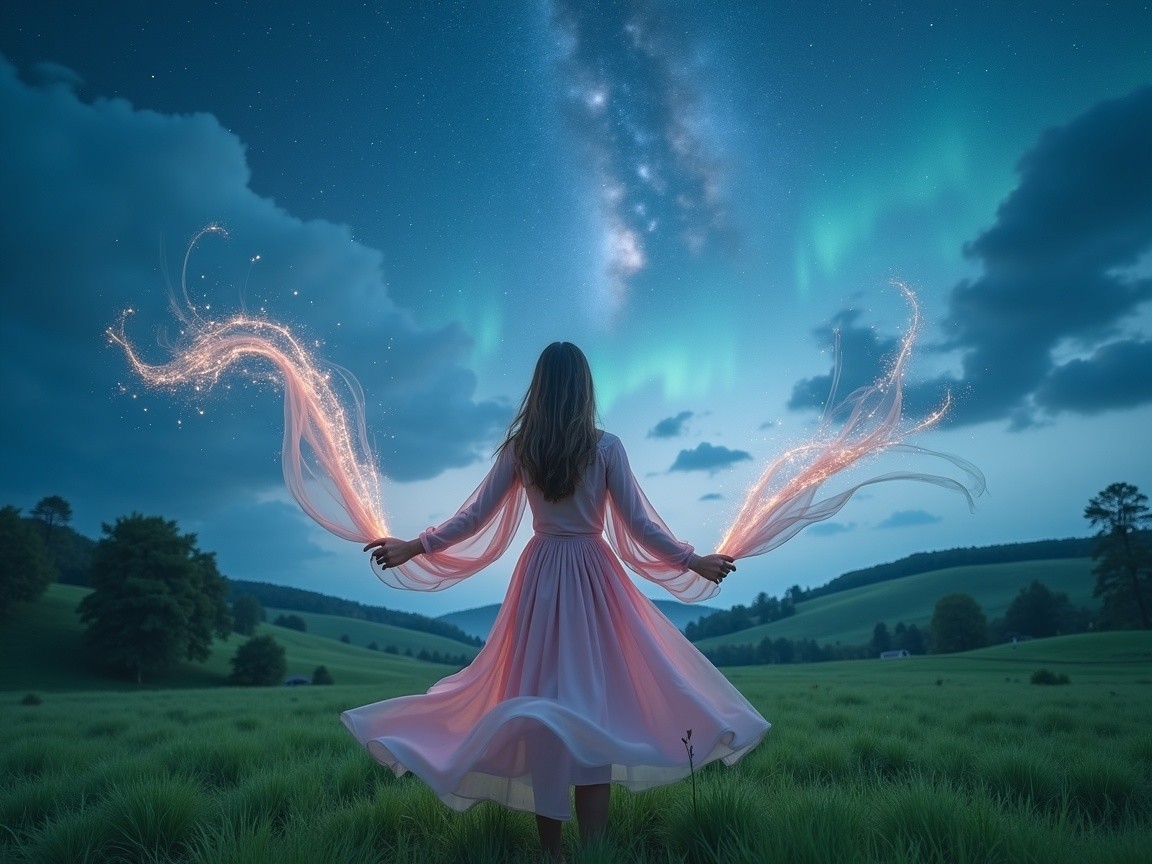 Mystical Meadow Scene with Aurora Borealis Lights