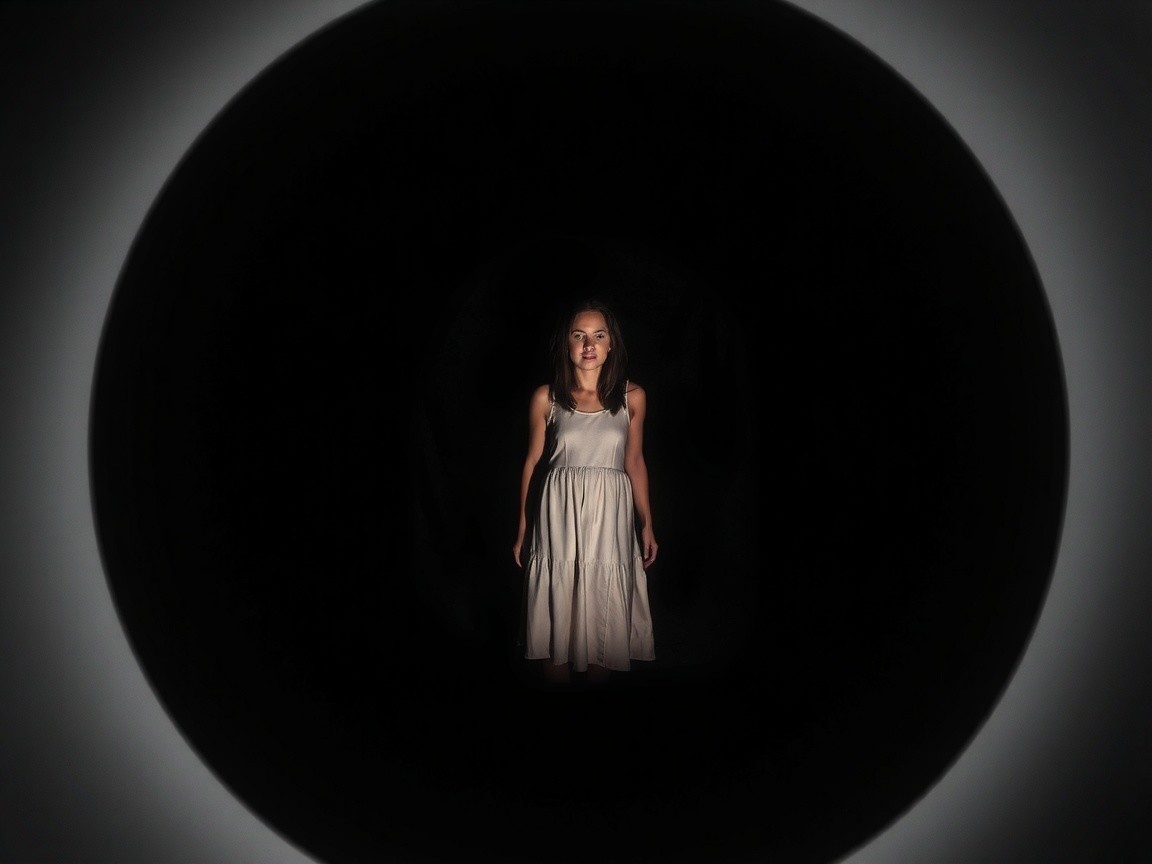 Woman in Light Dress within Dark Circular Frame