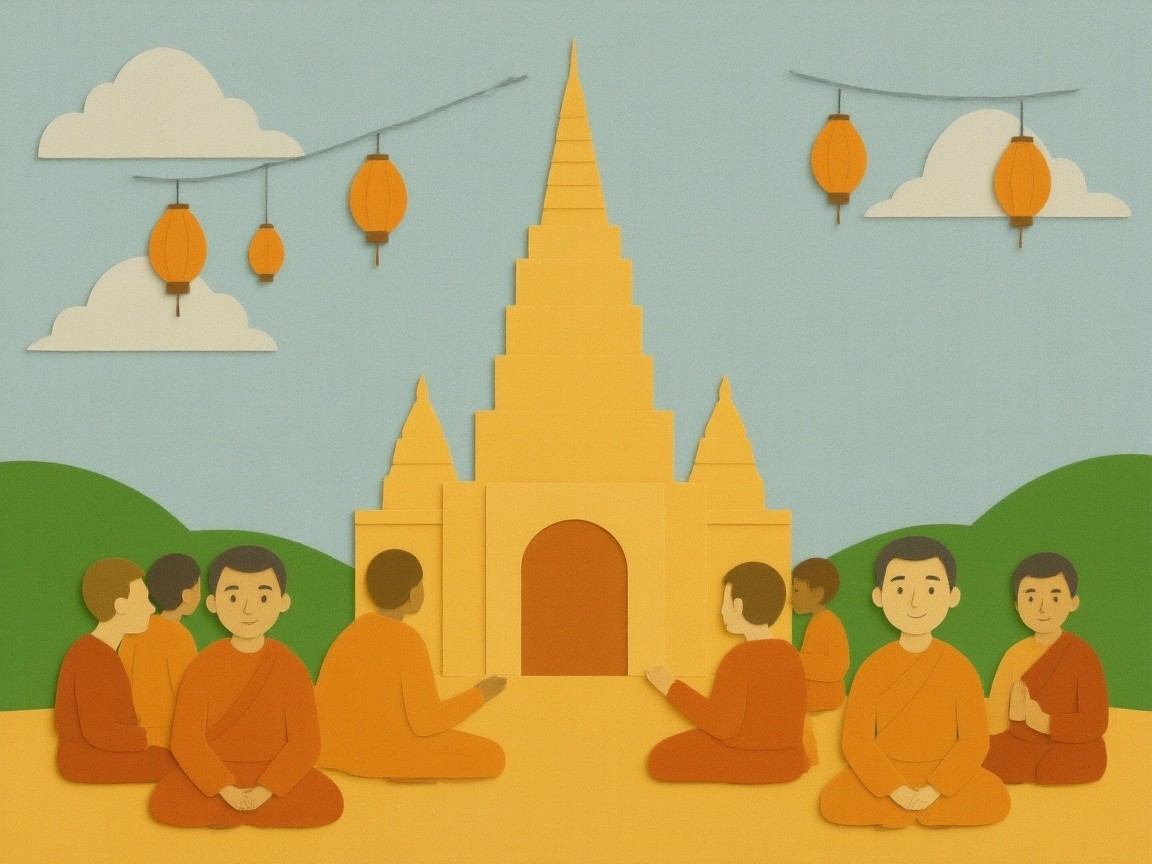 Monks in Orange Robes in a Serene Landscape Illustration