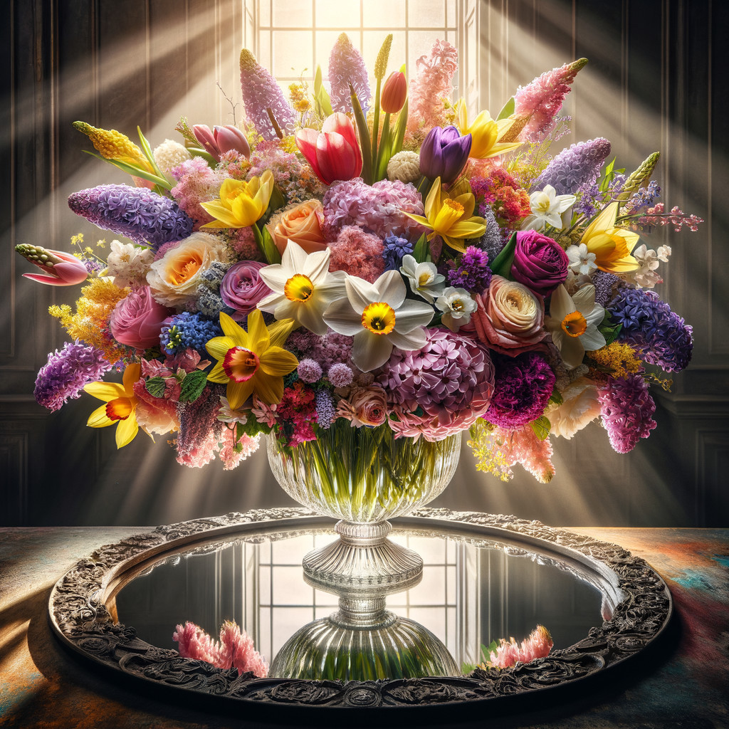 Vibrant Floral Arrangement in Crystal Vase with Sunlight