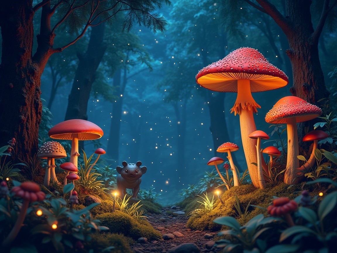 Mystical forest with glowing lights and red mushrooms