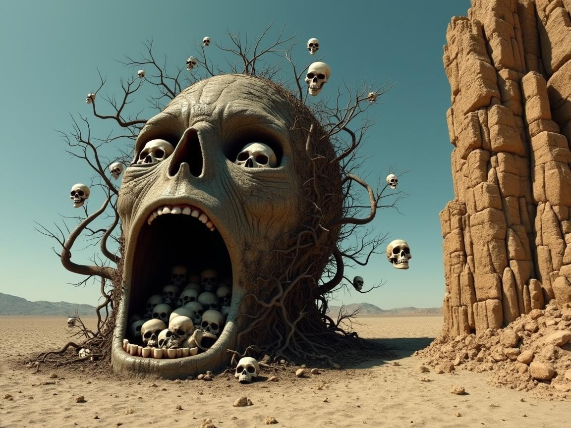 Surreal skull in barren landscape with twisted branches