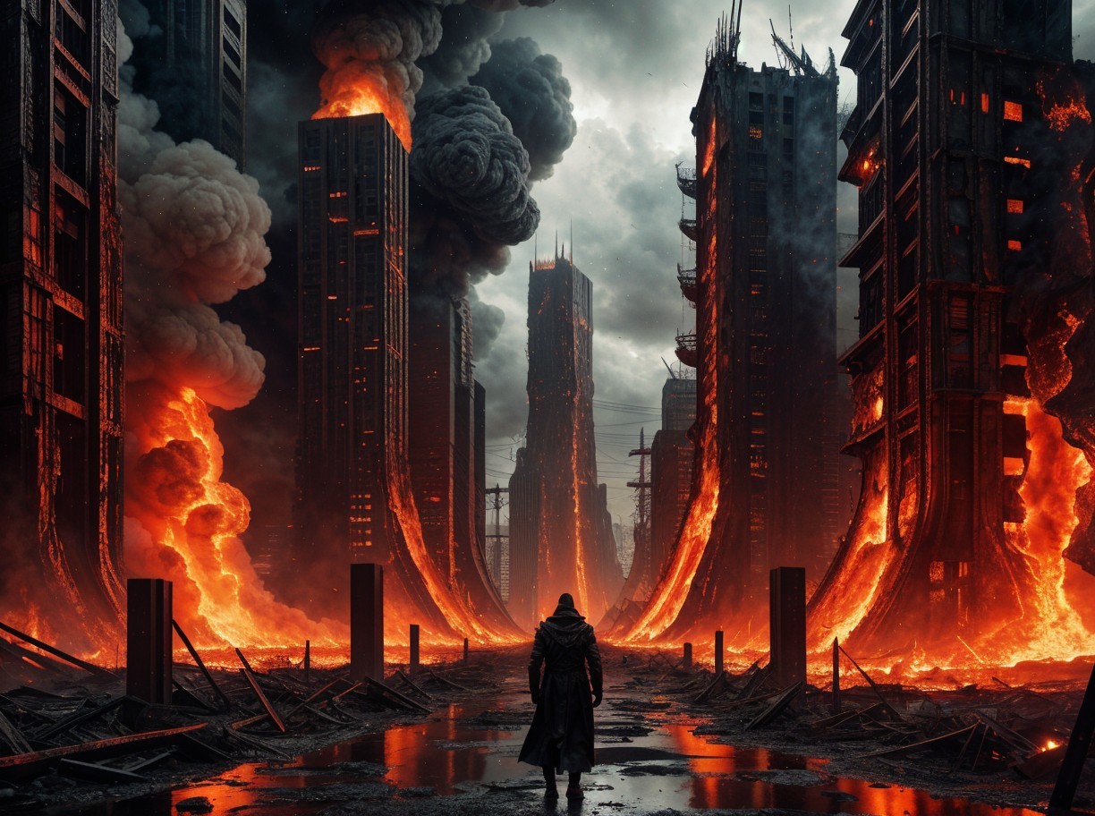 Desolate city engulfed in flames and lava flow