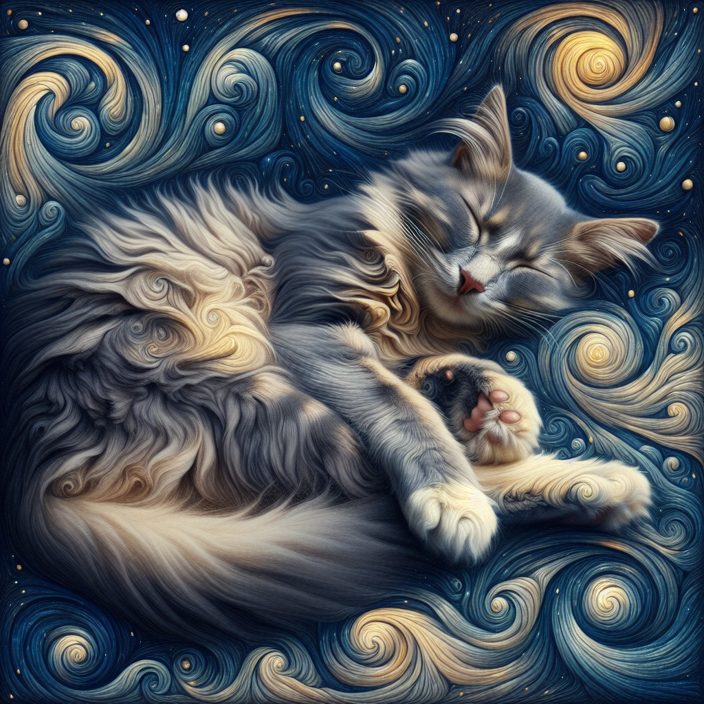 Fluffy Cat in Starry Night Inspired Background
