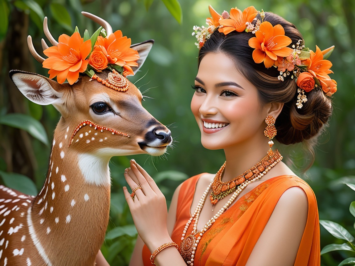 Woman in Orange Dress with Spotted Deer in Nature
