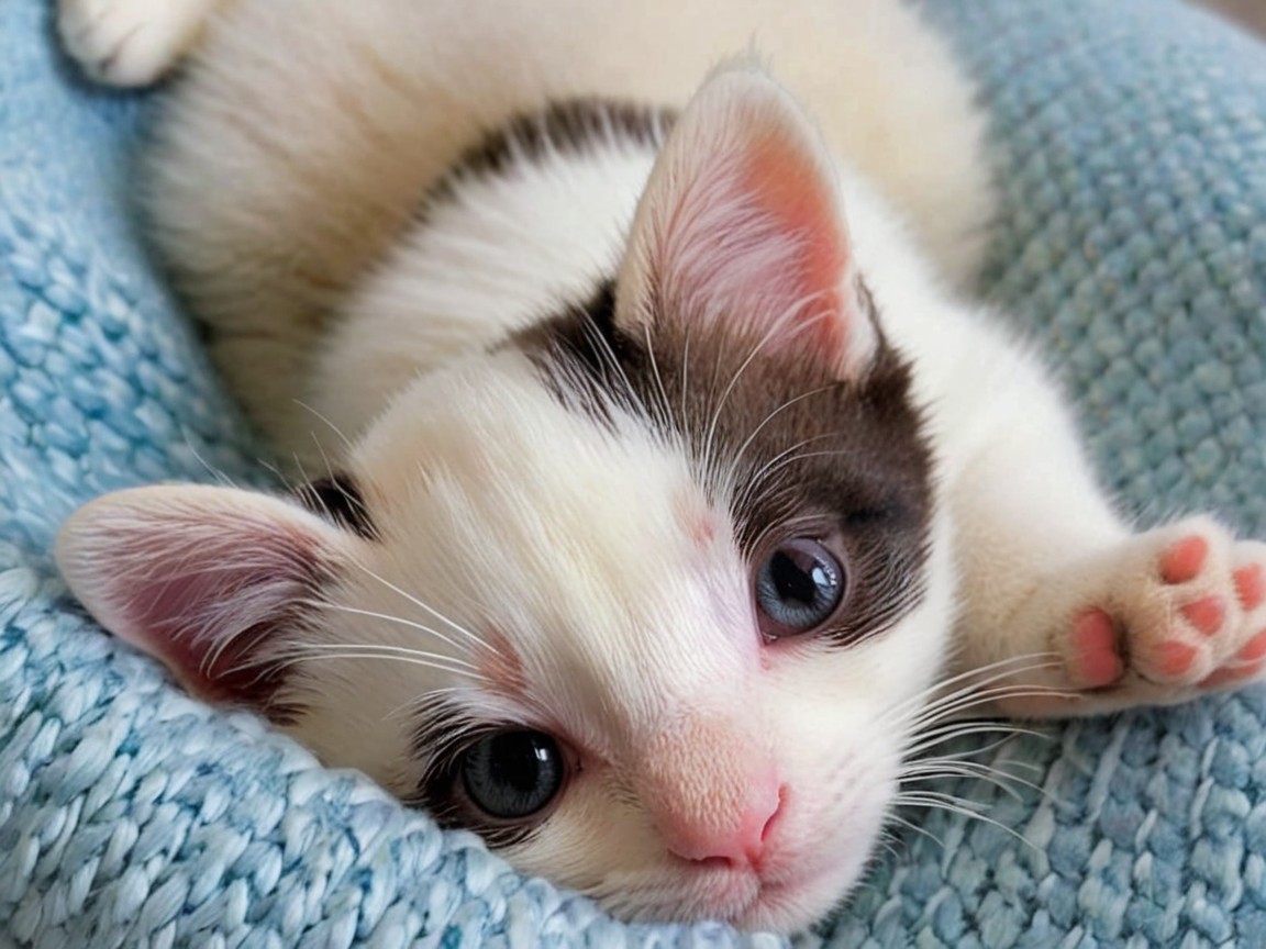 Cute kitten resting on a knitted blanket with spots