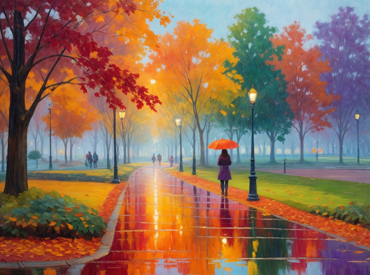 Autumn Park Pathway with Colorful Foliage and Rain