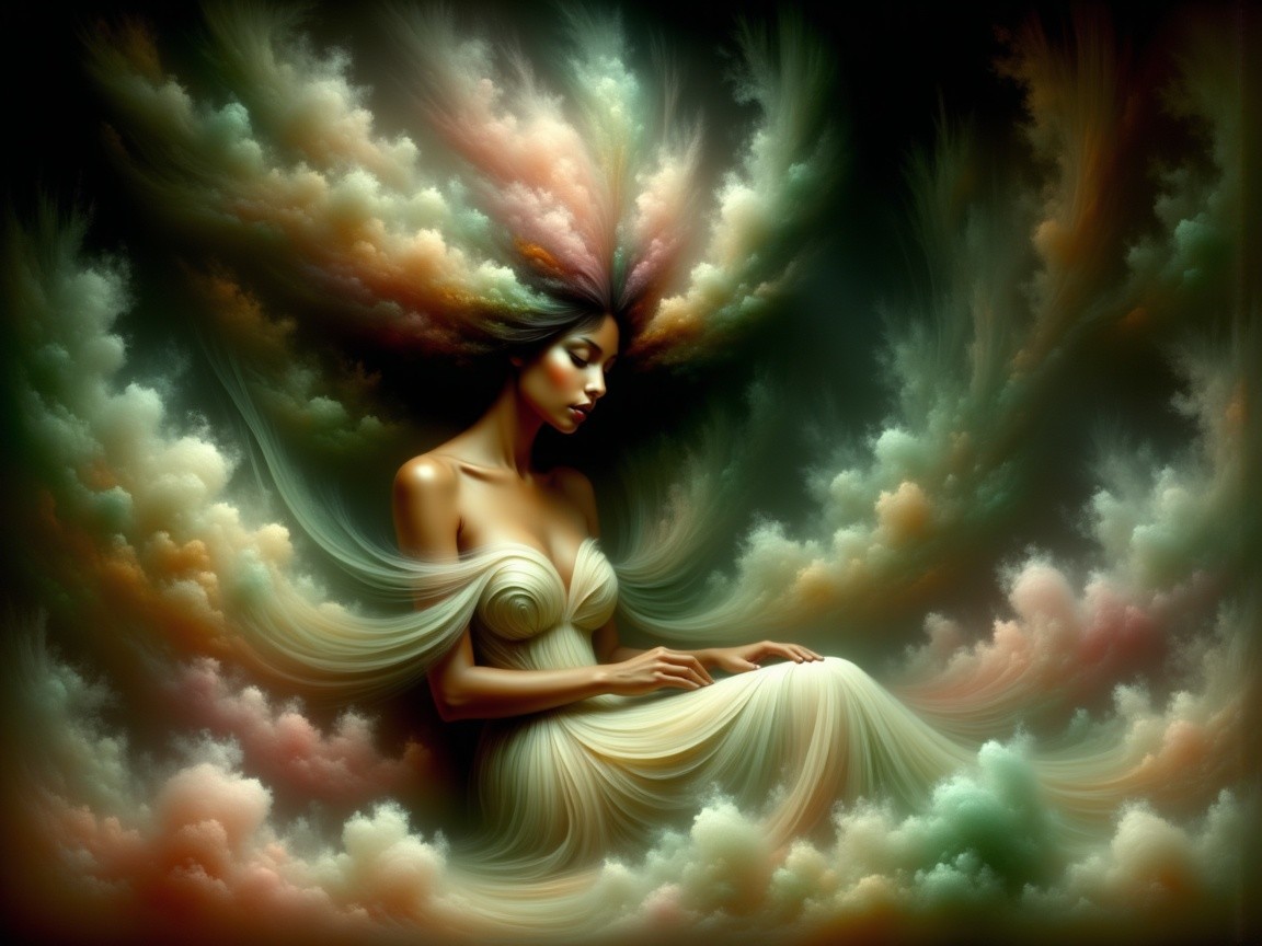 Woman in ethereal clouds with pastel hues