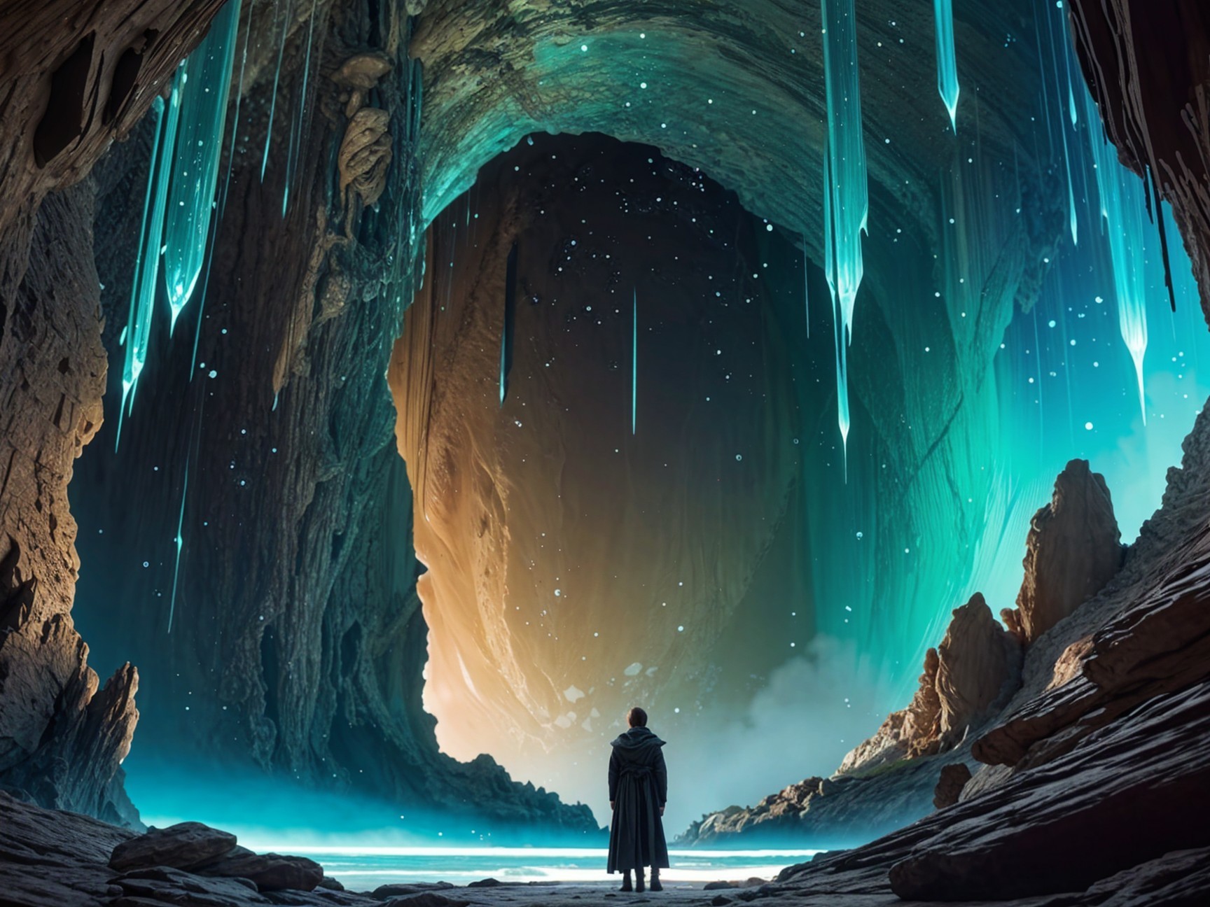 Ethereal Cave with Glowing Icicles and Starlit Sky