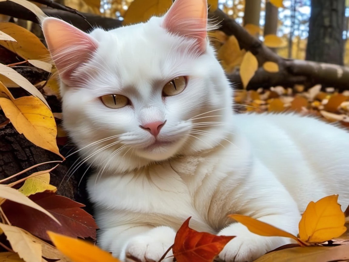 White Cat Among Vibrant Autumn Leaves in Forest