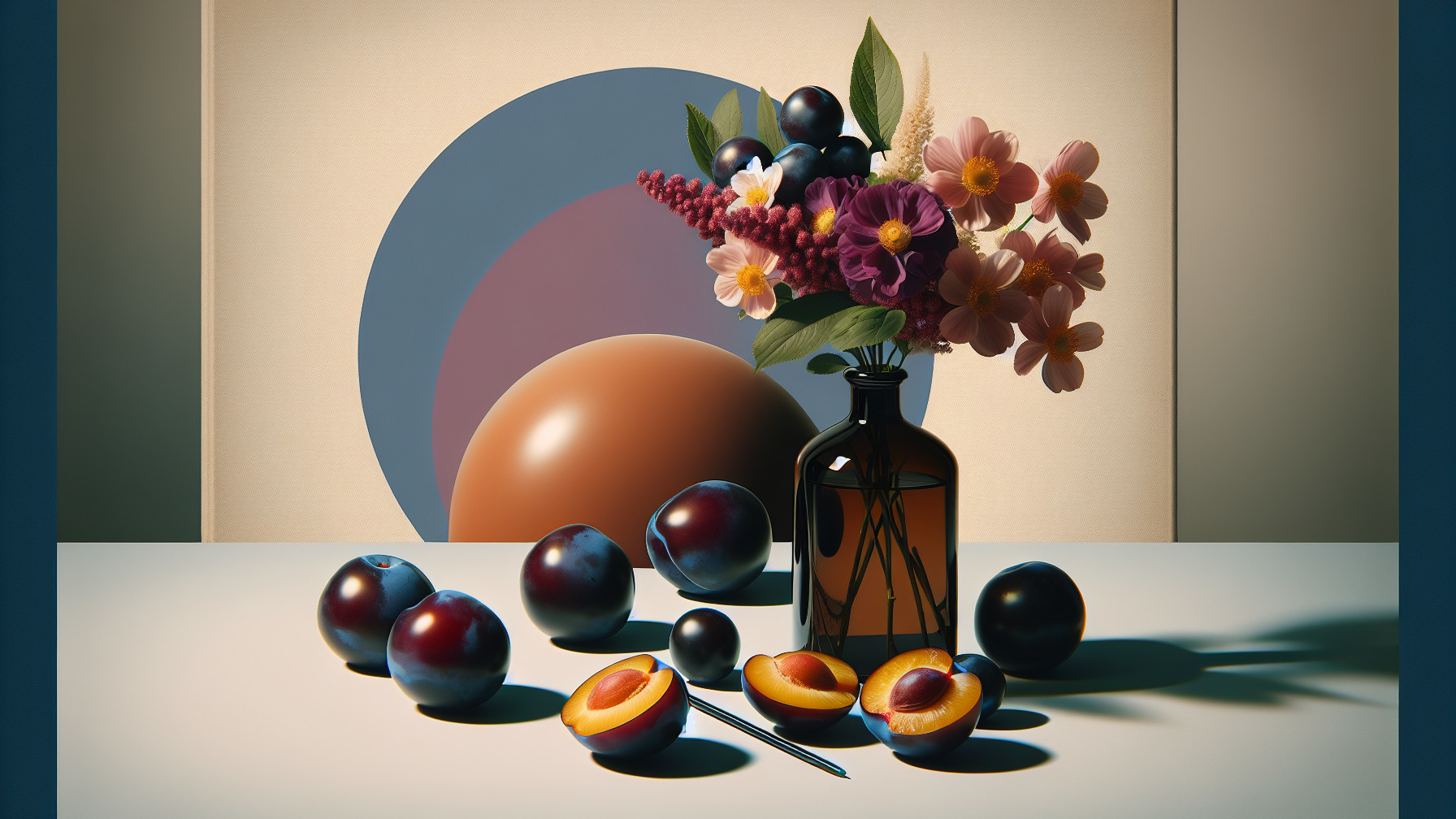 Still Life with Flowers, Plums, and Abstract Background