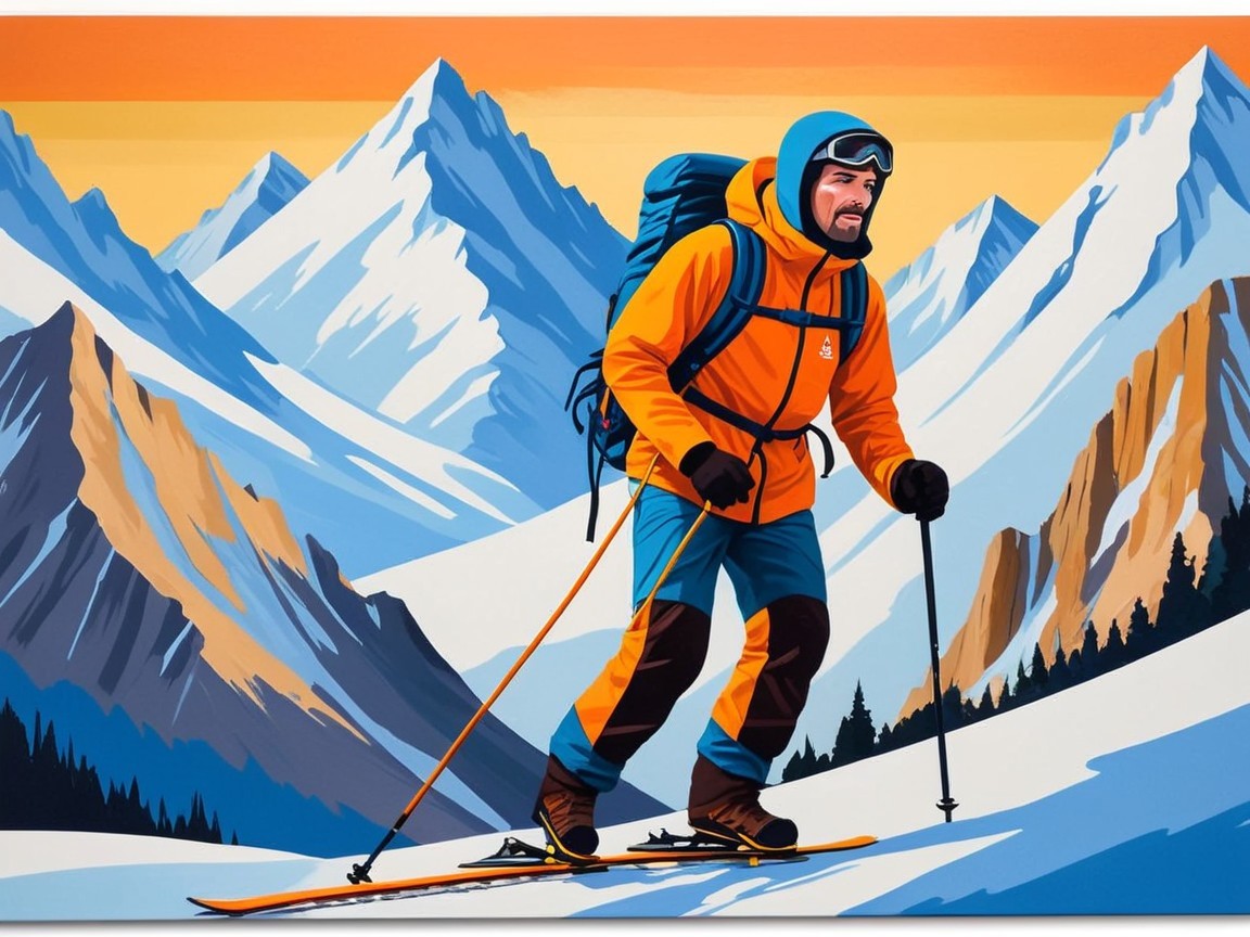 Skier in Orange Jacket on Snowy Mountain Landscape