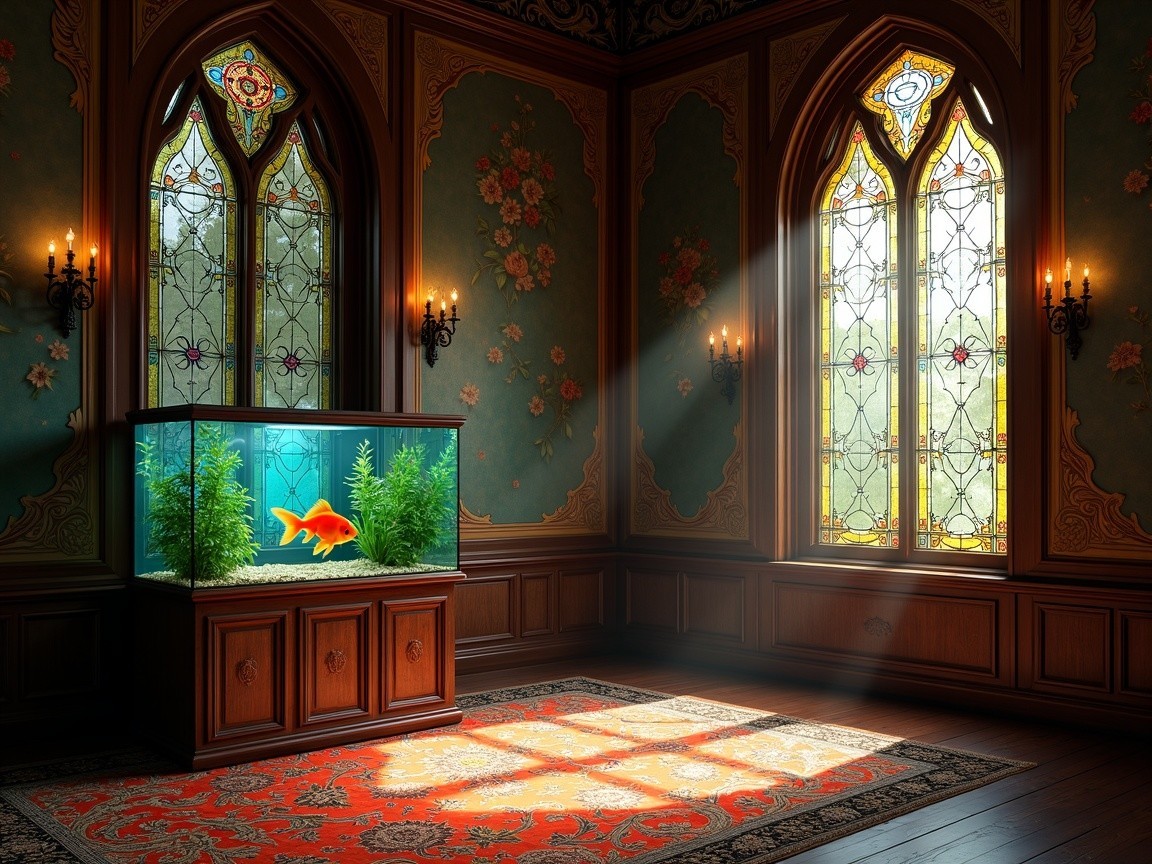 Vintage Room with Aquarium and Stained Glass Windows