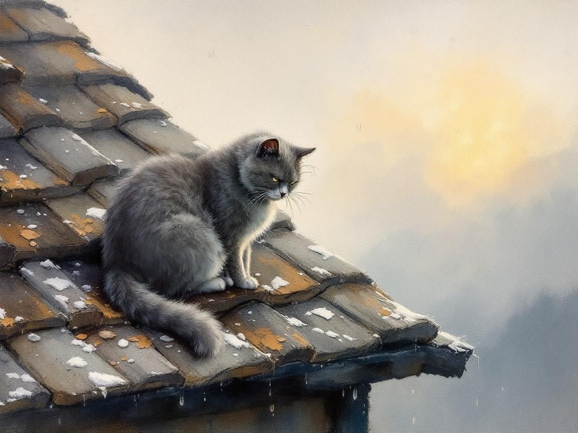 Fluffy Gray Cat on Rooftop in Winter Sunrise Scene