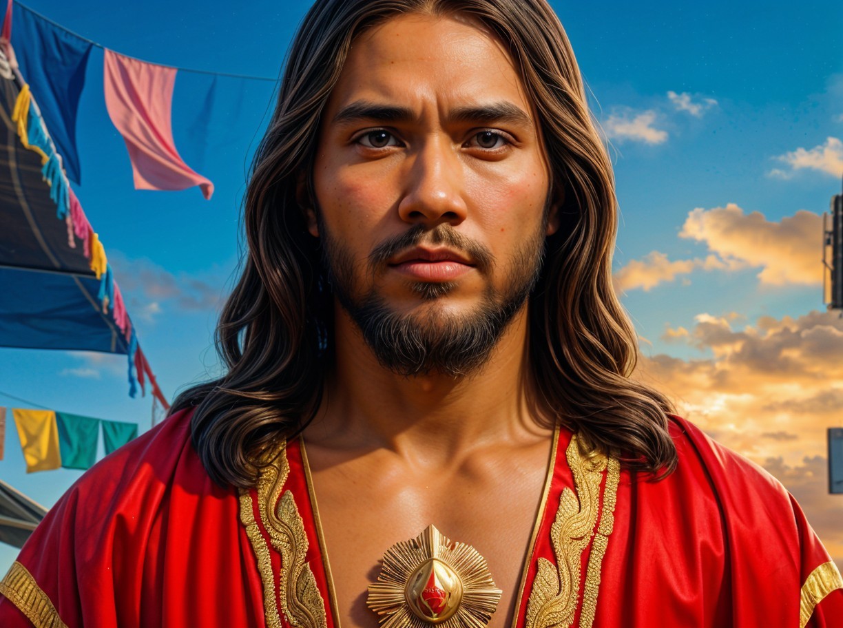 Young man in red robe against vibrant sky backdrop