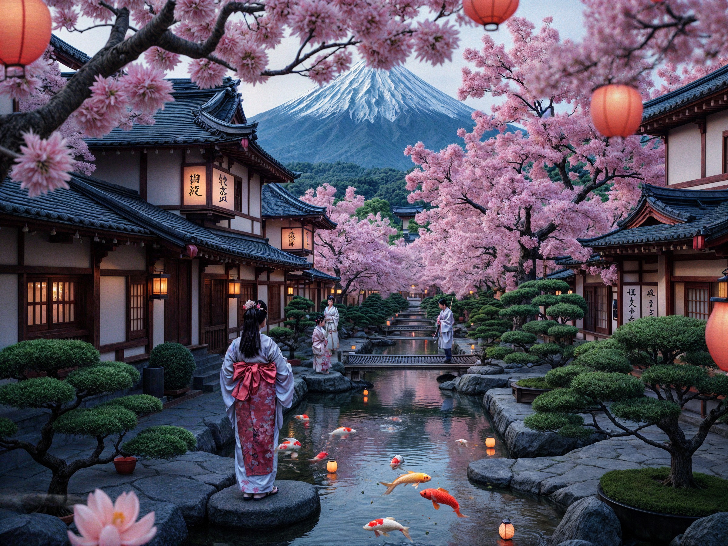 Japanese Landscape with Cherry Blossoms and Mount Fuji