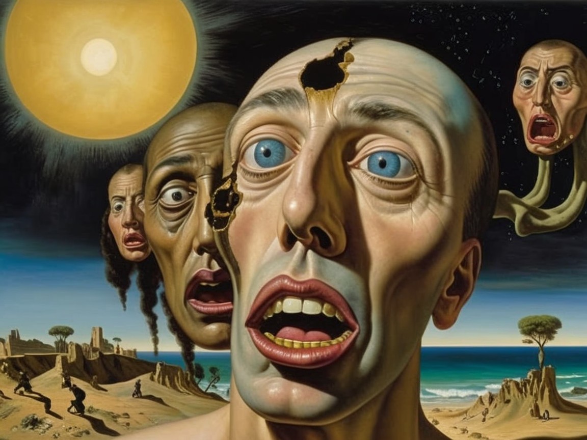 Surreal Landscape with Distressed Faces and Bright Sun