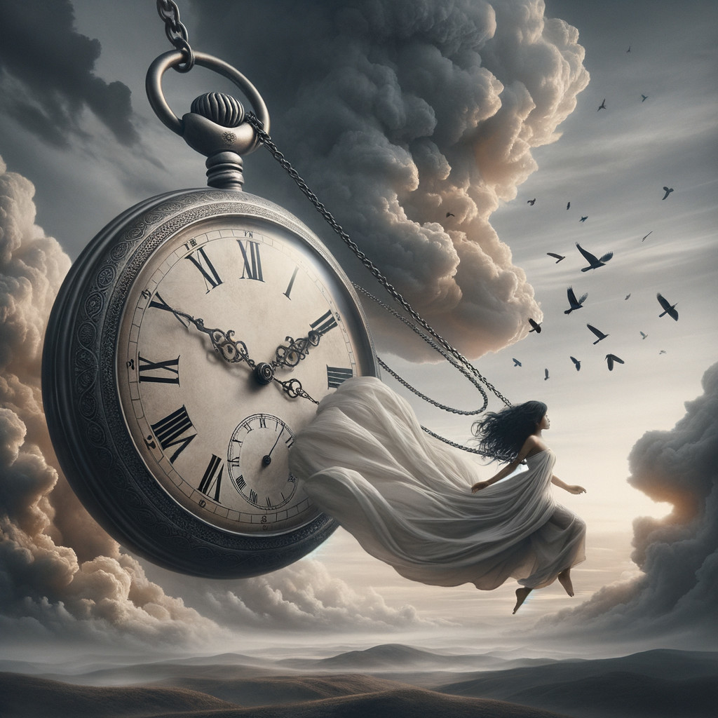 Surreal Scene of Pocket Watch and Woman in Sky