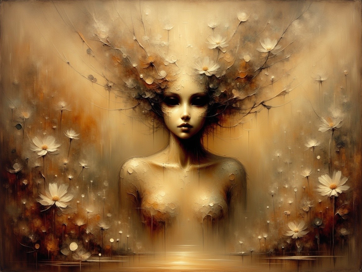 Ethereal Woman with Floral Hair in Dreamlike Setting