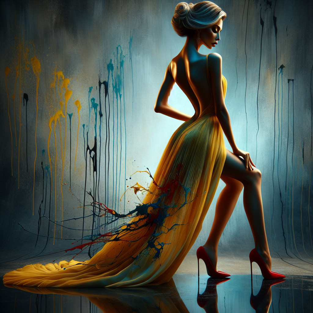 Elegant Figure in Vibrant Yellow Gown with Artistic Background