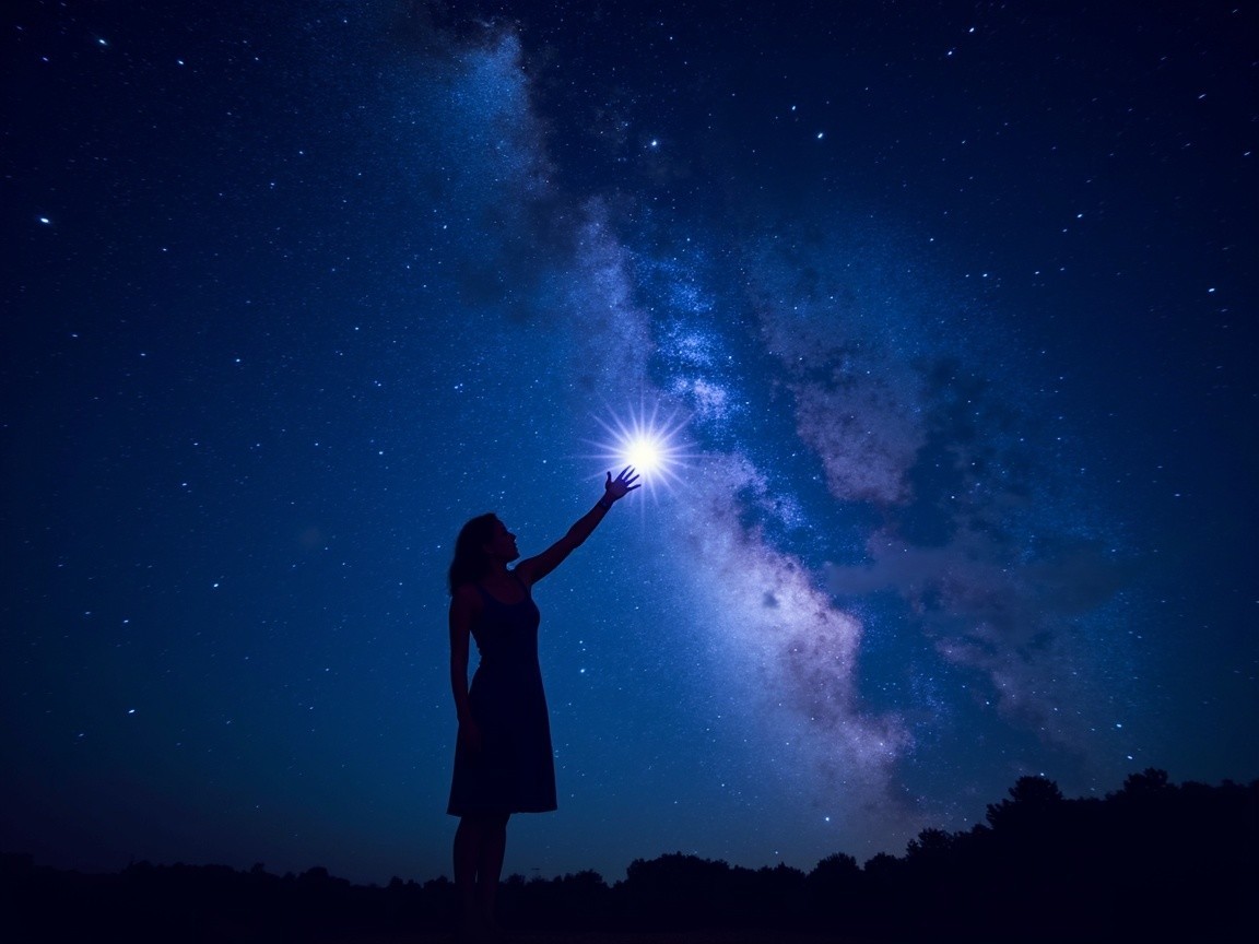 Silhouette of a woman against a starry night sky
