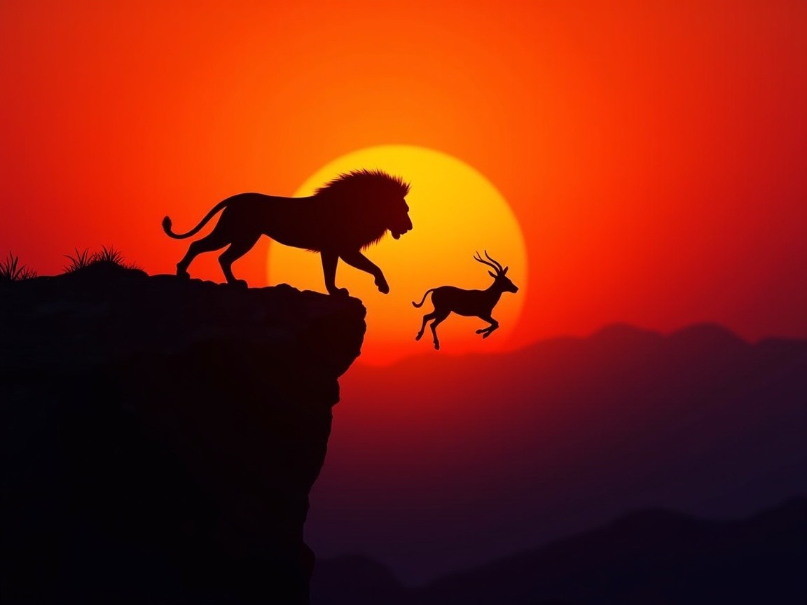 Dramatic Sunset with Lion and Antelope in Wilderness