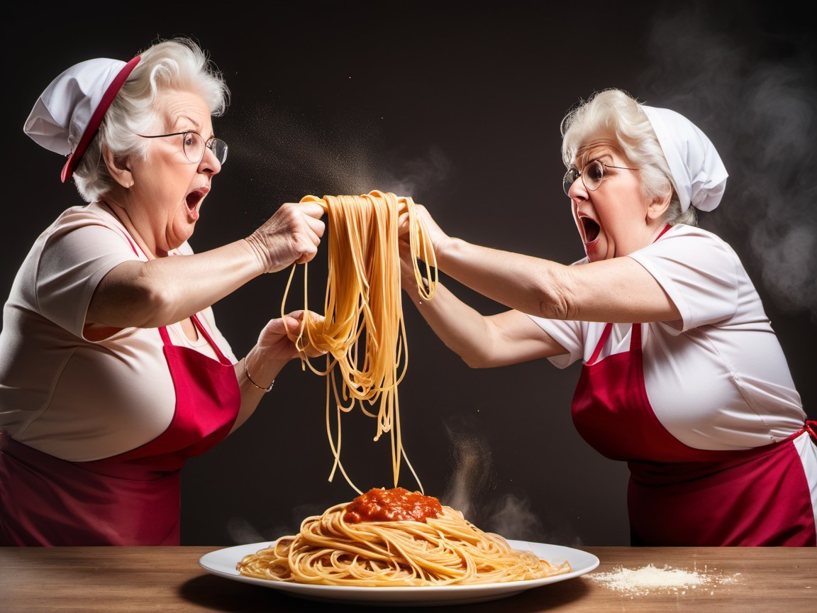 Elderly Women Compete Over Spaghetti Platter Scene