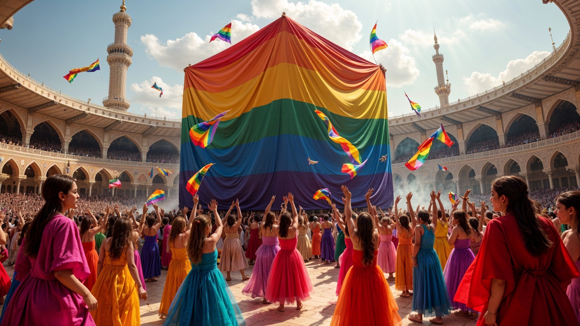 Colorful Celebration Under Rainbow Flag in Grand Plaza