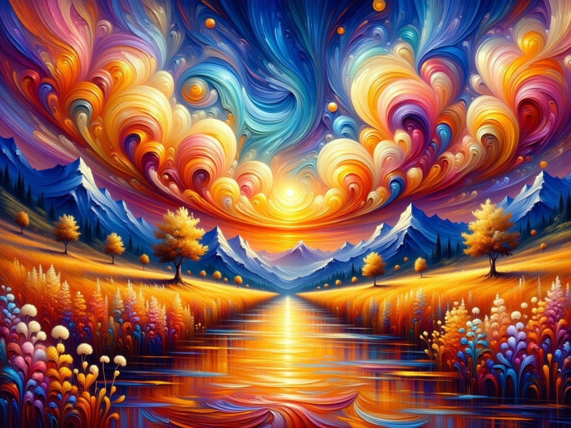 Vibrant Sunset Landscape with Mountains and River