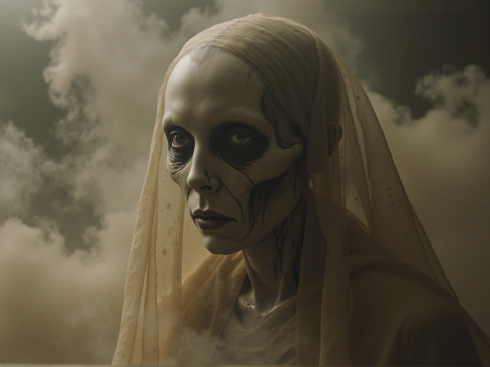 Haunting Portrait of a Veiled Figure with Dark Makeup
