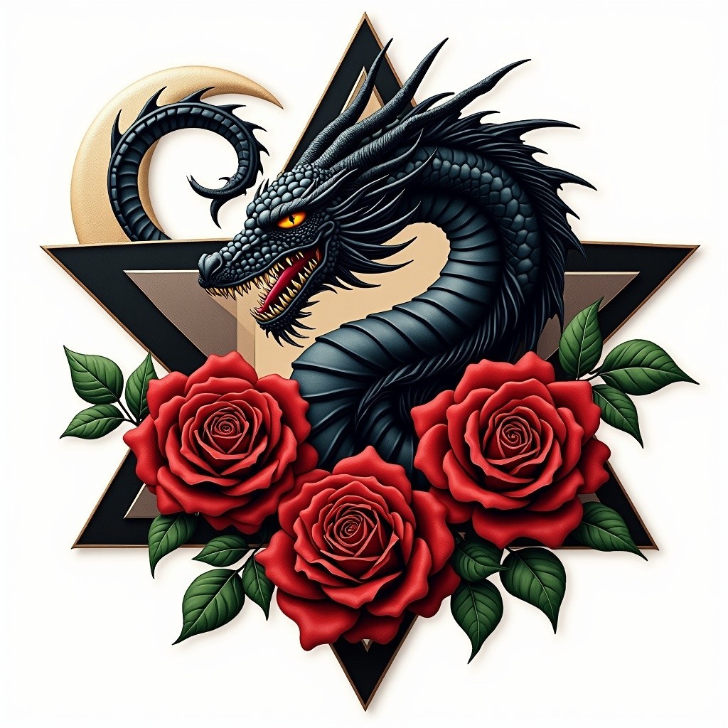 Black Dragon with Golden Eyes and Geometric Star Design