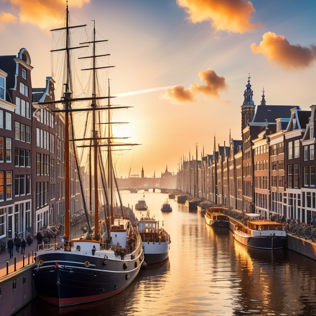 Canal in Amsterdam at Sunset with Historic Buildings