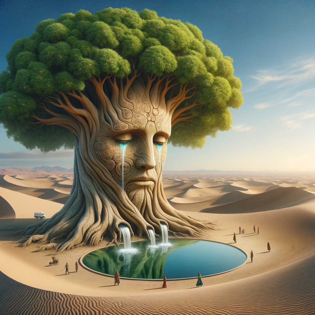 Colossal Tree with Face in a Desert Landscape