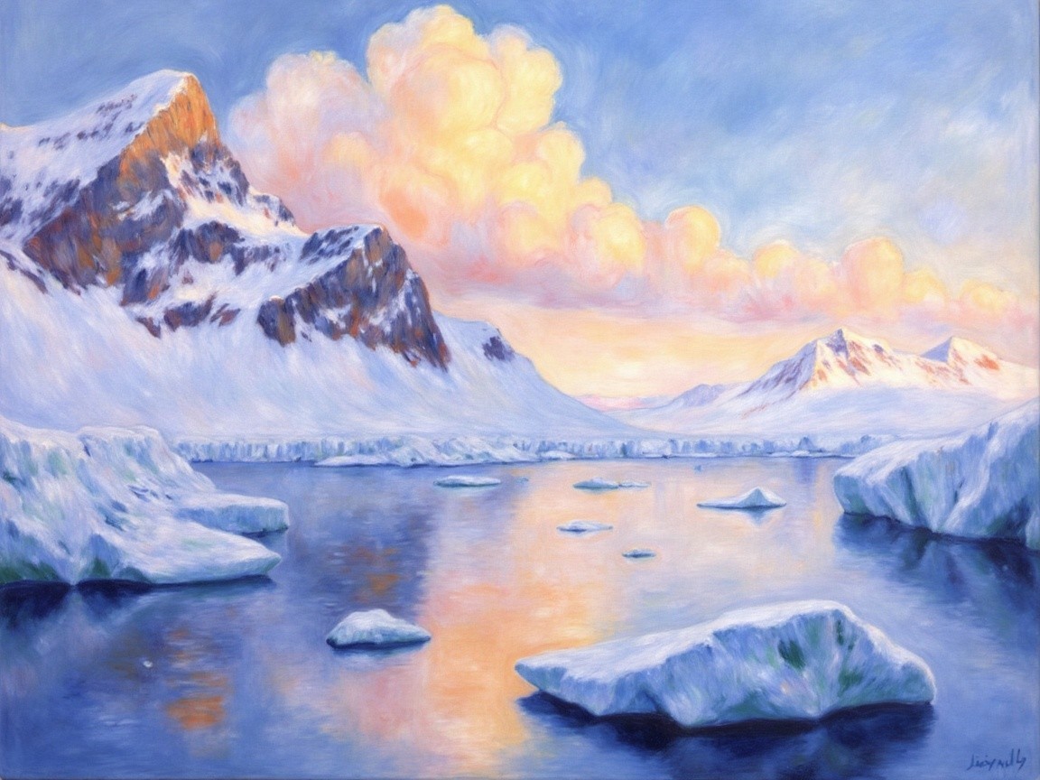 Serene Arctic Landscape at Dawn with Icebergs
