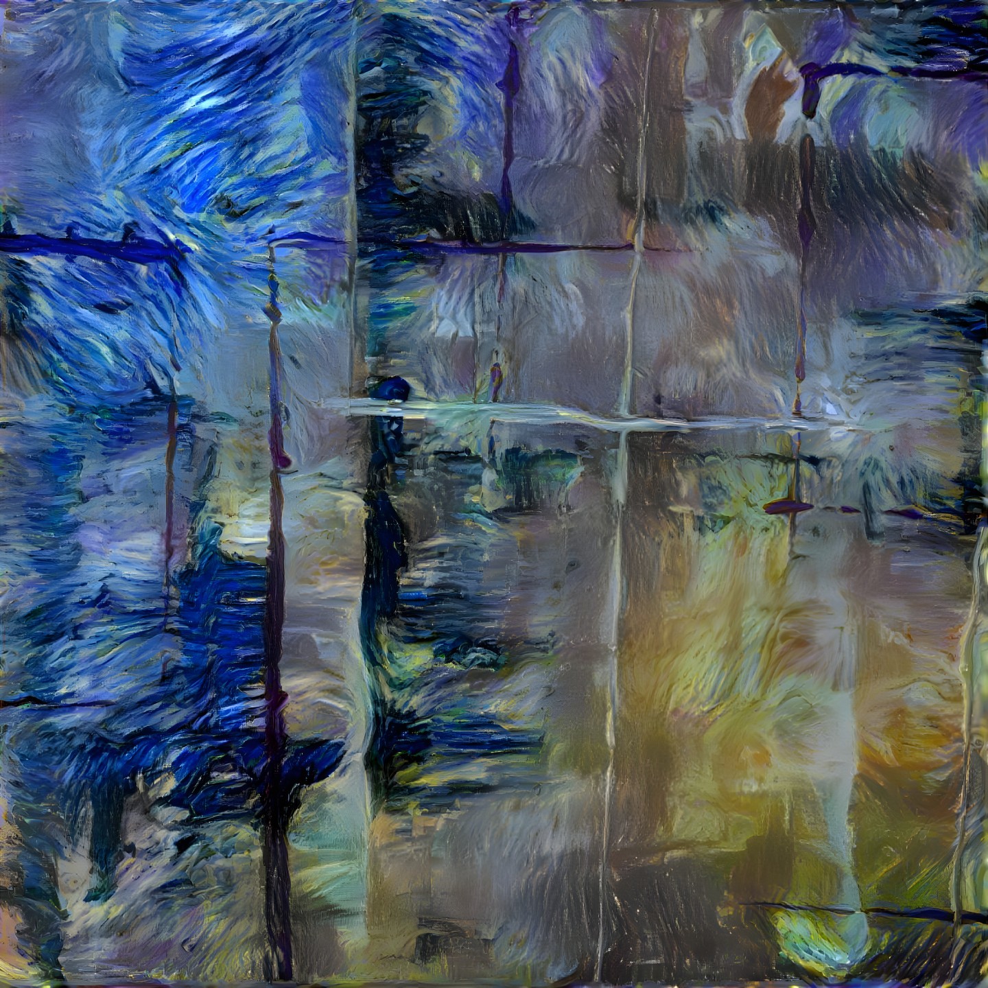 Vibrant Abstract Composition with Deep Blues and Golds