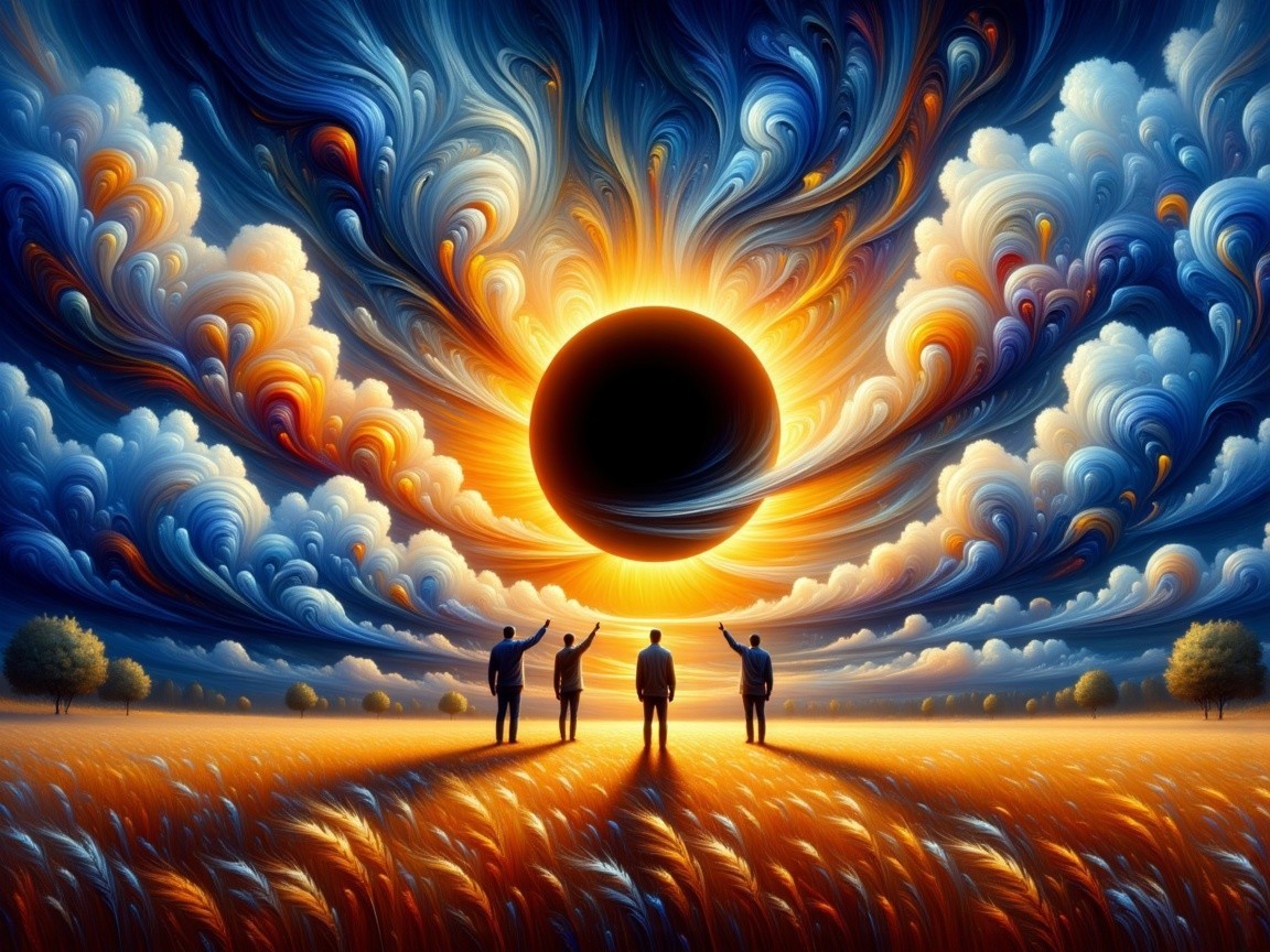 Silhouetted Figures in a Golden Field During Eclipse
