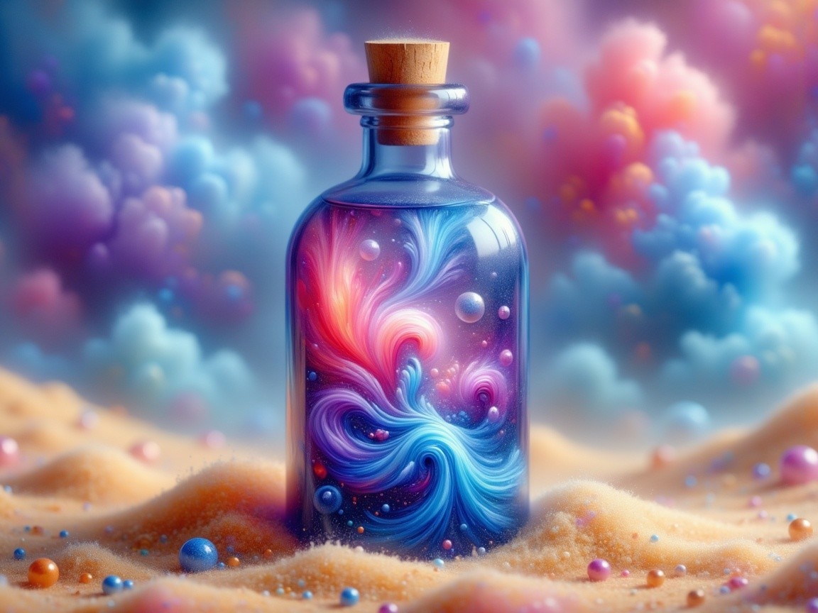 Colorful Glass Bottle on Sandy Surface with Cosmic Effect
