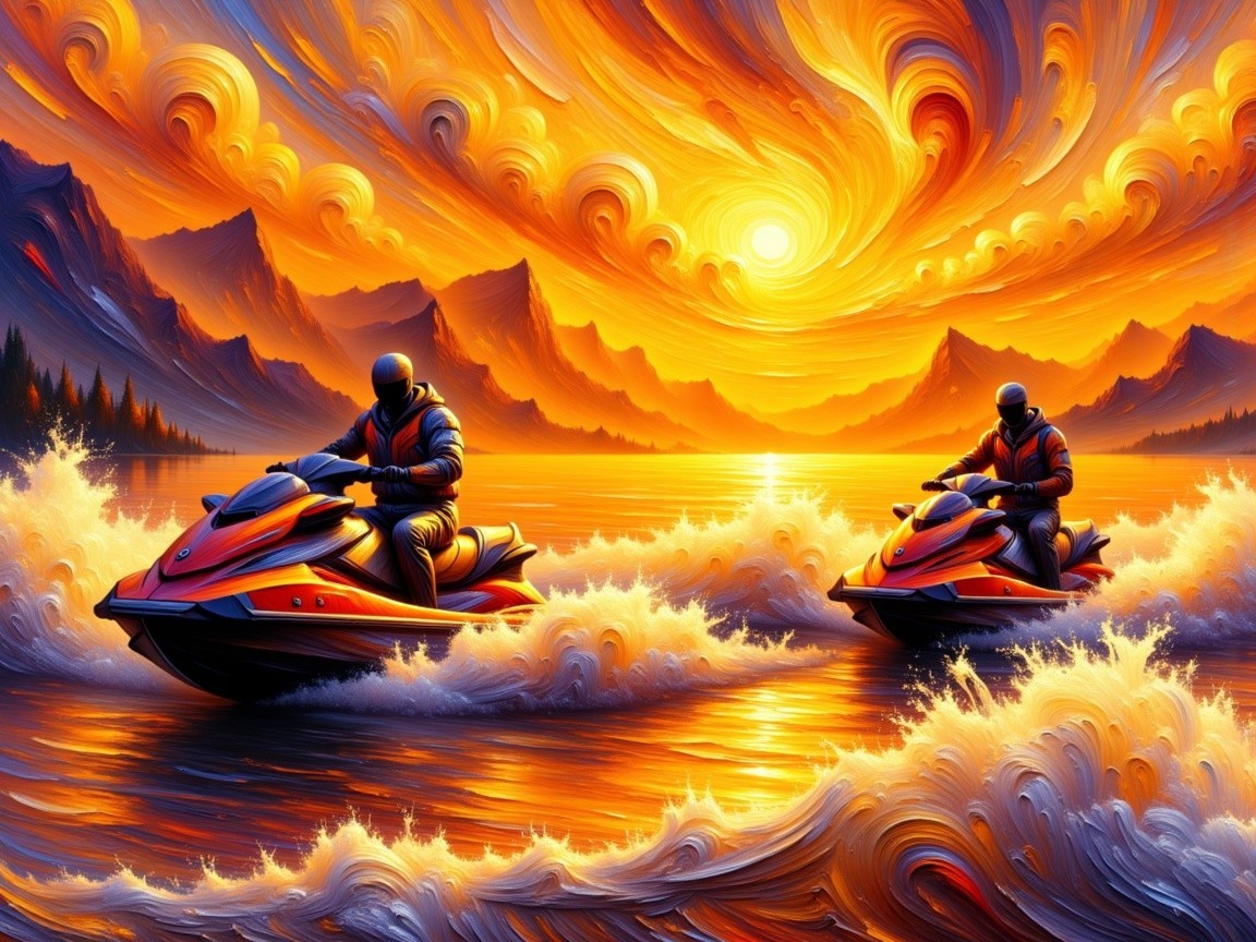 Riders on Jet Skis Amidst a Vibrant Sunset Scene