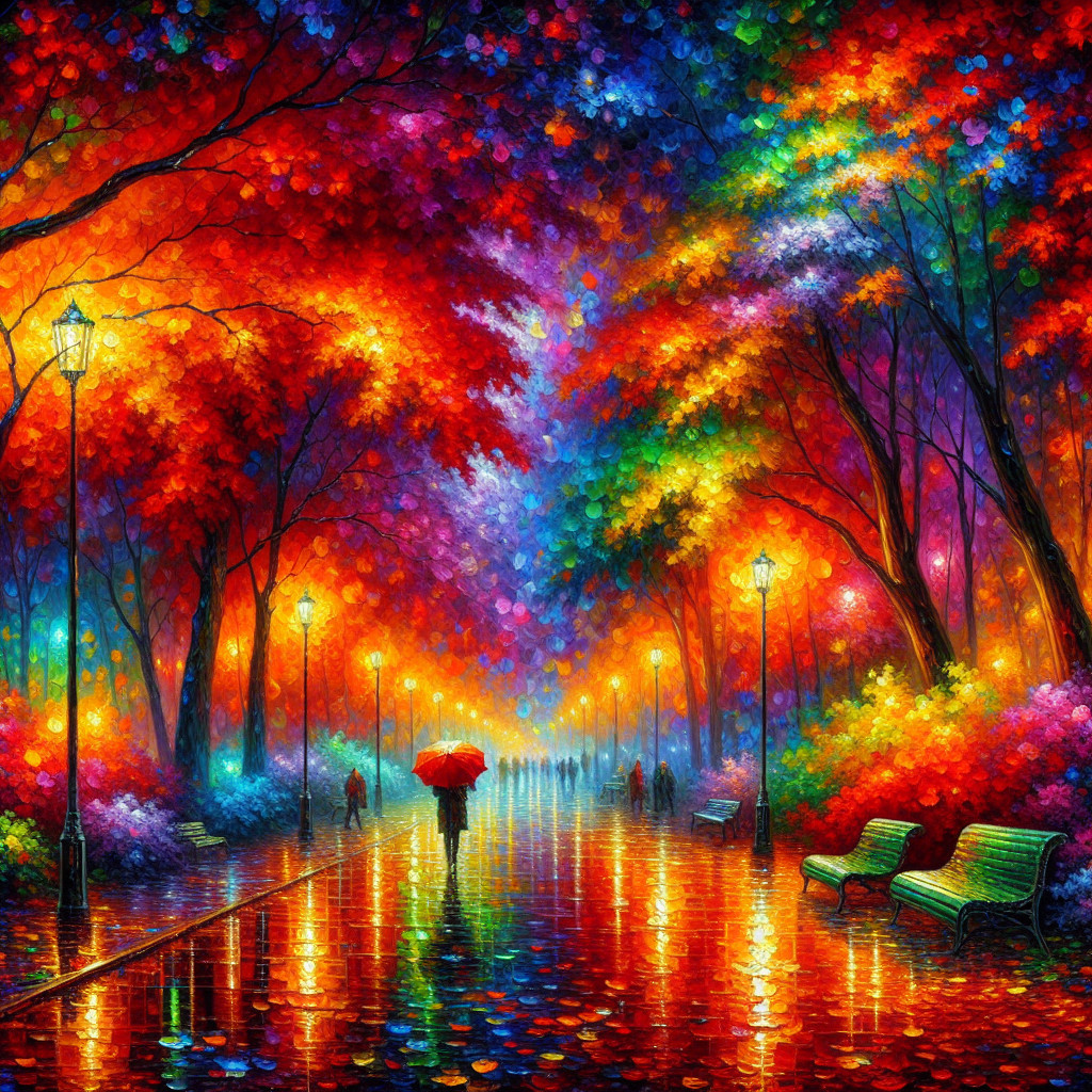 Autumn Park Scene with Colorful Foliage and Umbrella