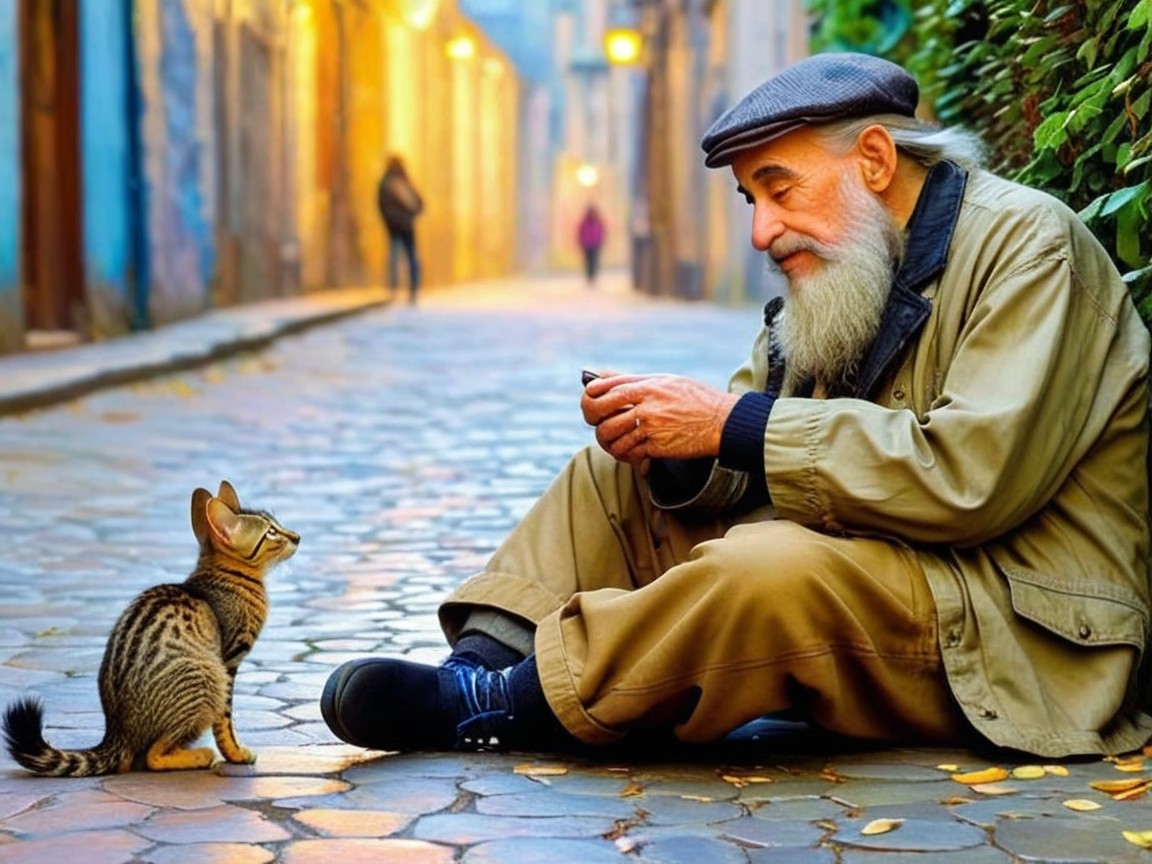 Elderly Man with Cat in Charming Cobblestone Alley