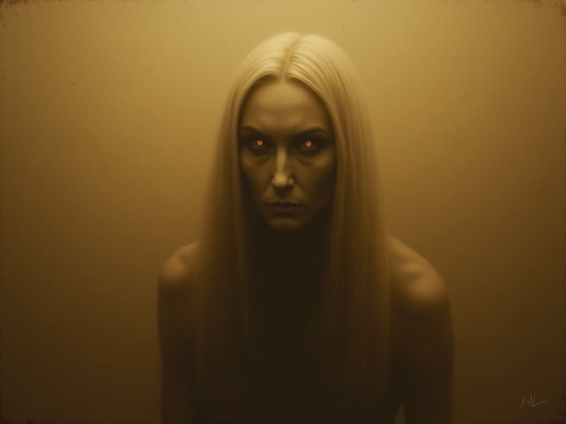 Striking figure with blonde hair and glowing eyes