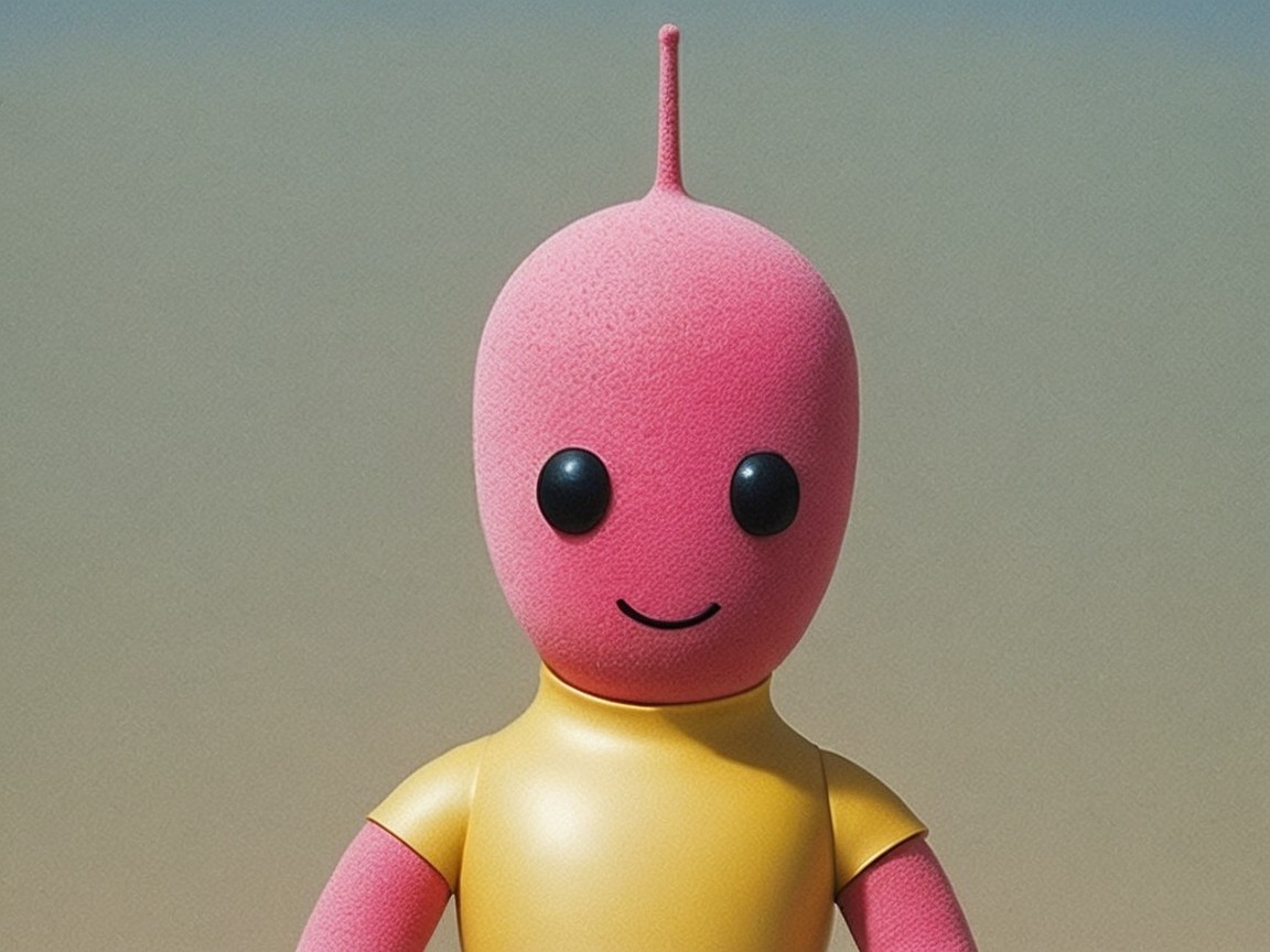 Whimsical Figure with Pink Head and Yellow Shirt